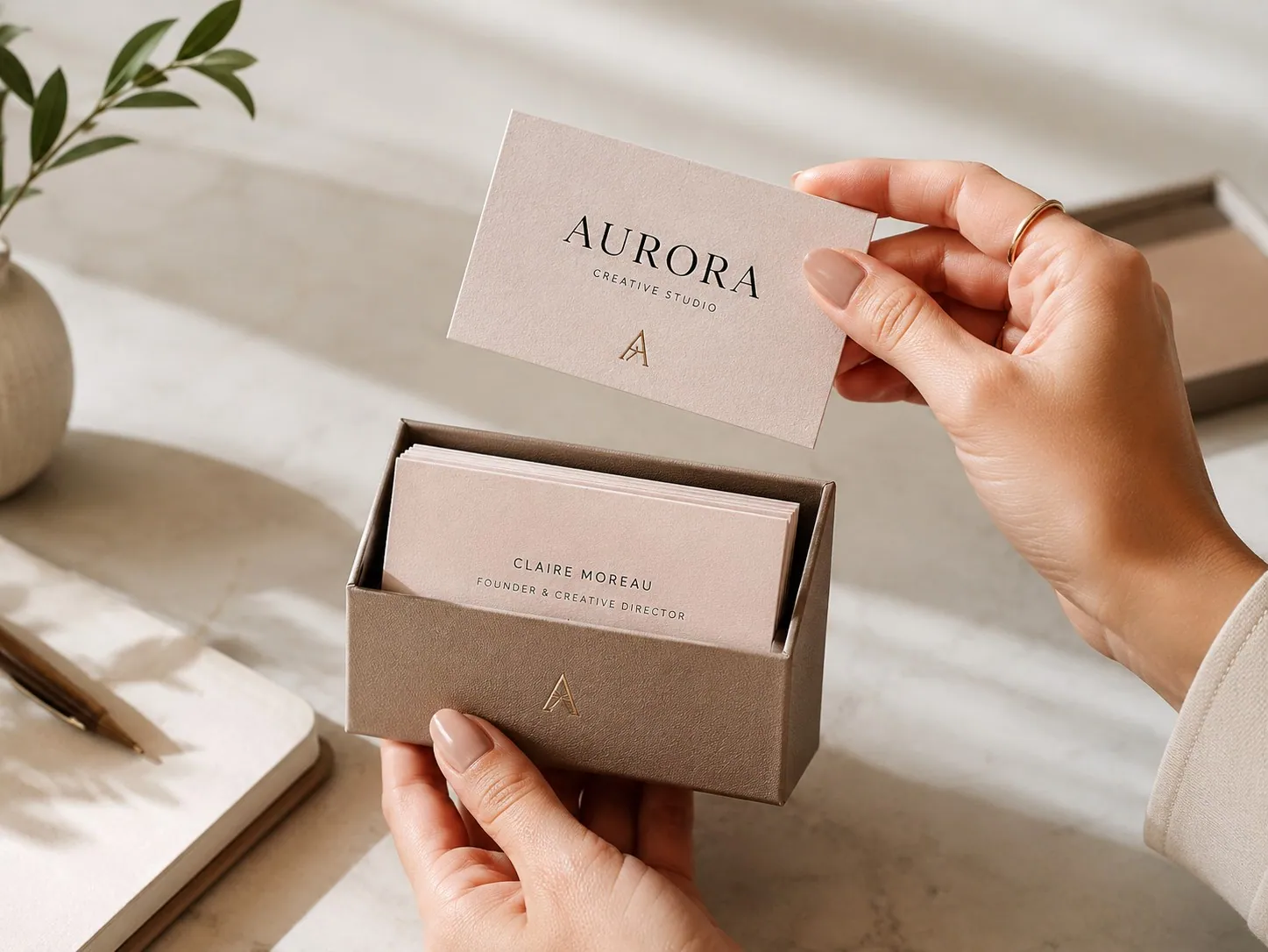 Professional business cards in use