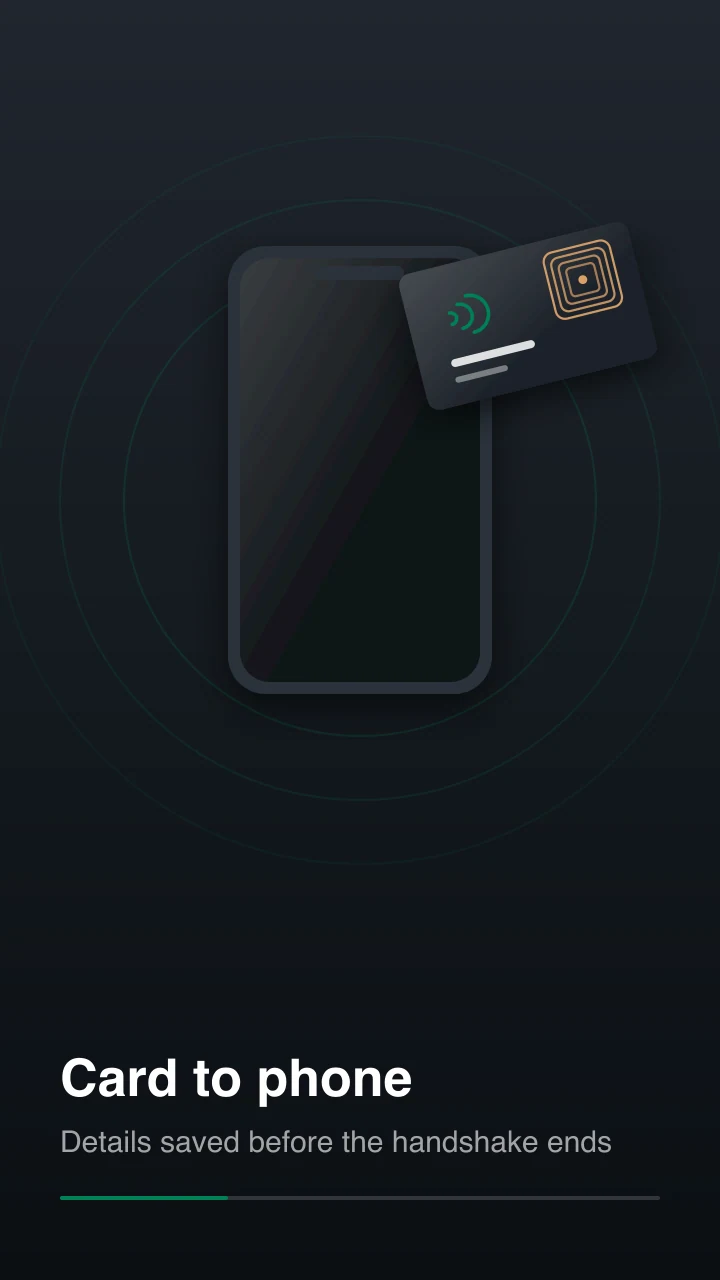 An NFC business card held against a phone as a contact card appears on screen