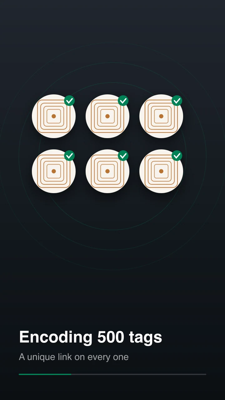 A grid of NFC stickers each marked with a green tick as it is encoded