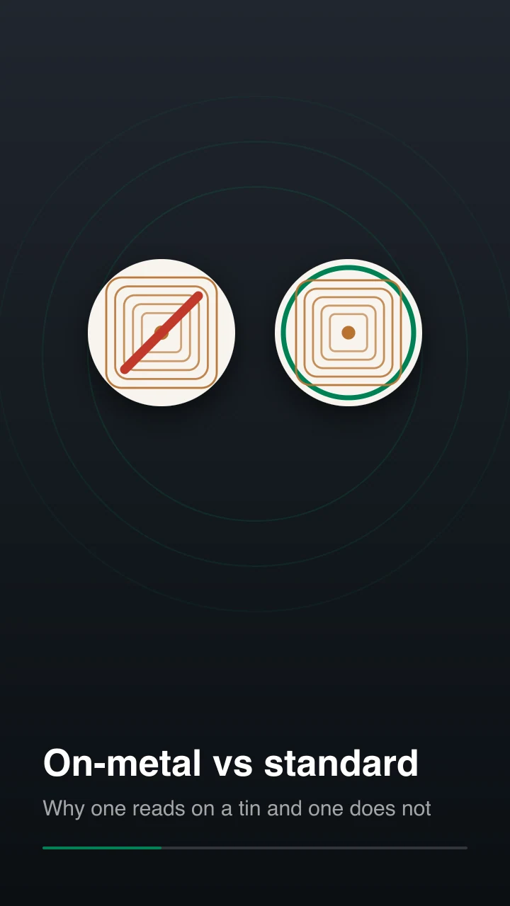 Two NFC stickers side by side, a standard one crossed out and an on-metal one ringed as working