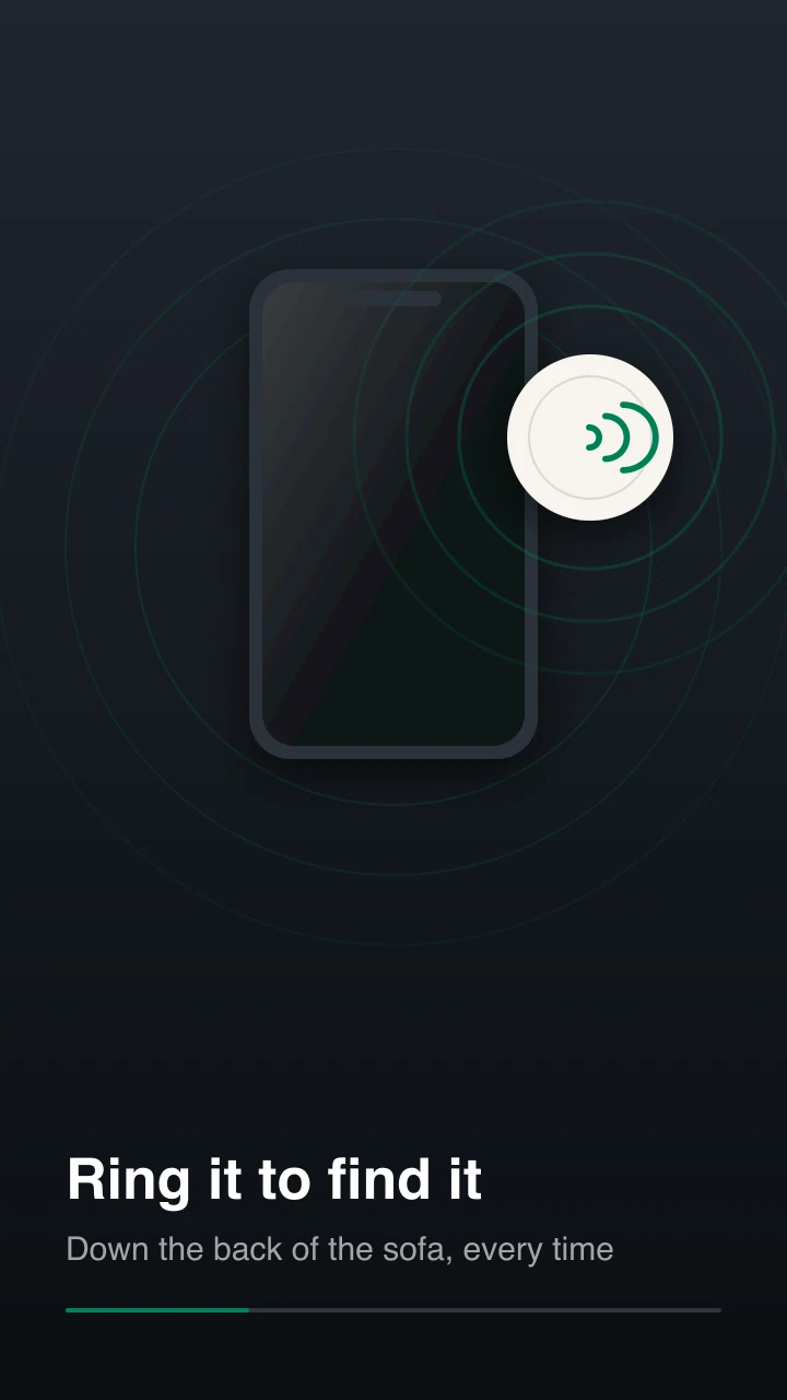 A phone ringing a finder tag, with sound rings spreading out from the tag
